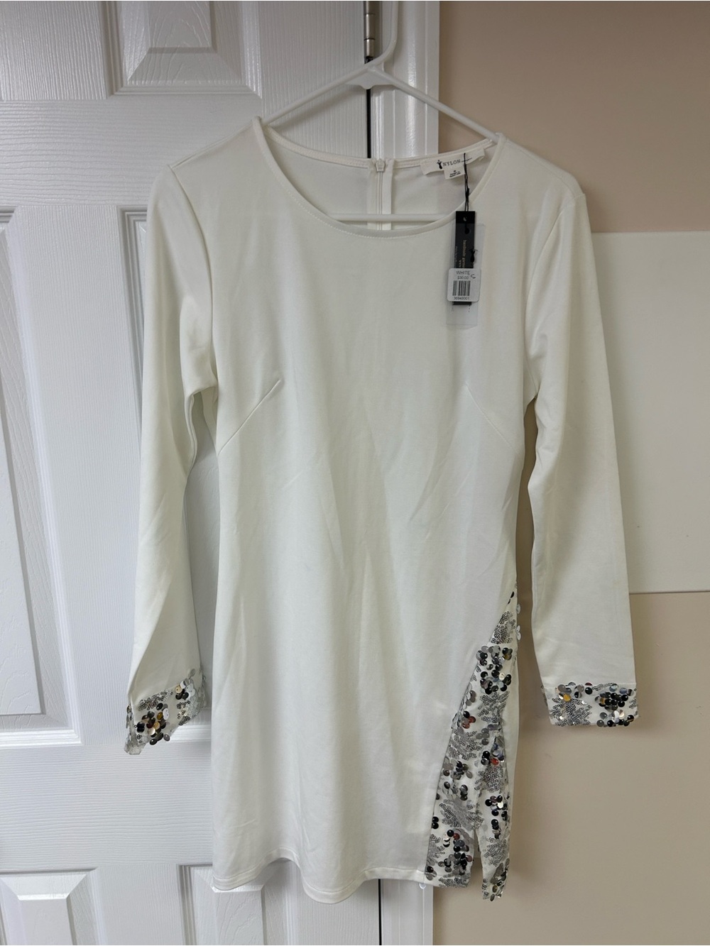 NWT Nylon Apparel Long Sleeve Sequin Mini Dress White